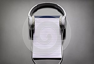 Headphones with blank notebook or notepad background with copy space for playlist or podcast