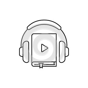 Headphones and book line icon, audiobook online learning or listening, Vector education concept. Flat design