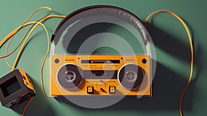 Headphones and cassette. Old audio cassette. Cassette tape with retrostyle headphones.