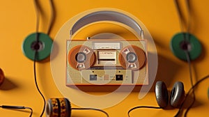 Headphones and cassette. Old audio cassette. Cassette tape with retrostyle headphones.