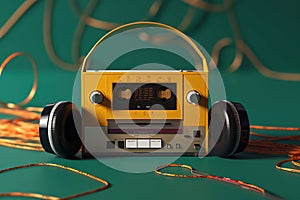 Headphones and cassette. Old audio cassette. Cassette tape with retrostyle headphones.