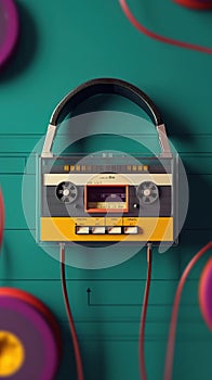 Headphones and cassette. Old audio cassette. Cassette tape with retrostyle headphones. photo