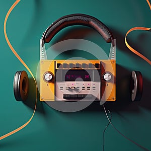 Headphones and cassette. Old audio cassette. Cassette tape with retrostyle headphones. photo