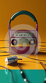 Headphones and cassette. Old audio cassette. Cassette tape with retrostyle headphones. photo