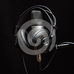 Headphones and condenser microphone on the dark background