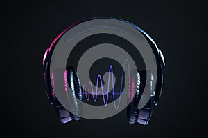 Headphones and disco waves isolated on black background