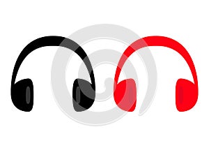 Headphones earphones icon set. Black and red silhouette. Music card. Flat design style. White background. Isolated.