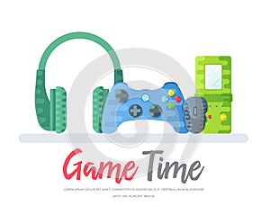 Headphones with gamepad and mouse with tetris toy over game time words. Layout modern vector background illustration