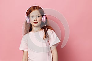 Headphones girl kid small cute portrait childhood music audio person little listen children