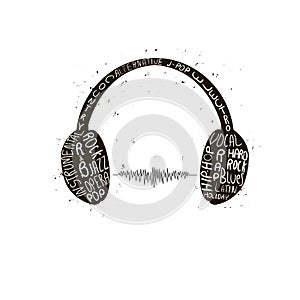 Headphones grunge style ink drawn on white background poster illustration