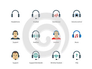 Headphones and headset color icons on white