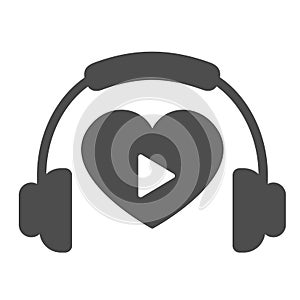 Headphones and heart with play button solid icon, dating concept, favourite music vector sign on white background, glyph