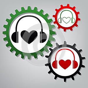 Headphones with heart. Vector. Three connected gears with icons