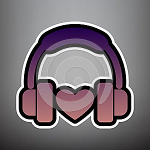 Headphones with heart. Vector. Violet gradient icon with black a