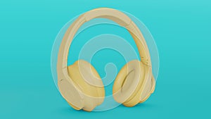 Headphones image in minimal monochromatic style. Yellow and blue. Music earphones rhytm and 3d style.