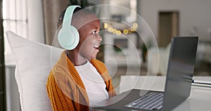 Headphones, laptop and boy child on a video call for math assignment, project or homework. Elearning, technology and