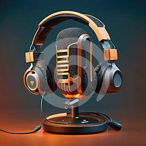 Headphones and microphone on dark background