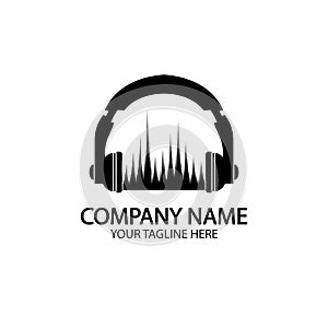 Headphones with microphone and sound waves beats, concept of radio station logo, dj disco symbol, broadcasting studio label,