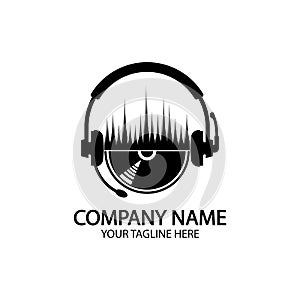 Headphones with microphone and sound waves beats, concept of radio station logo, dj disco symbol, broadcasting studio label,