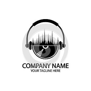 Headphones with microphone and sound waves beats, concept of radio station logo, dj disco symbol, broadcasting studio label,