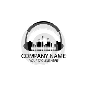 Headphones with microphone and sound waves beats, concept of radio station logo, dj disco symbol, broadcasting studio label,