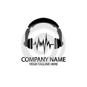 Headphones with microphone and sound waves beats, concept of radio station logo, dj disco symbol, broadcasting studio label,