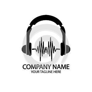 Headphones with microphone and sound waves beats, concept of radio station logo, dj disco symbol, broadcasting studio label,