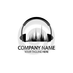 Headphones with microphone and sound waves beats, concept of radio station logo, dj disco symbol, broadcasting studio label,