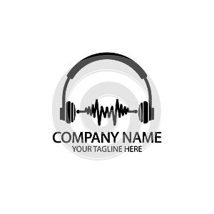 Headphones with microphone and sound waves beats, concept of radio station logo, dj disco symbol, broadcasting studio label,