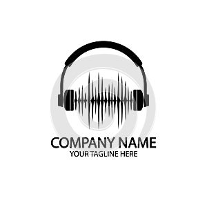 Headphones with microphone and sound waves beats, concept of radio station logo, dj disco symbol, broadcasting studio label,