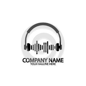 Headphones with microphone and sound waves beats, concept of radio station logo, dj disco symbol, broadcasting studio label,