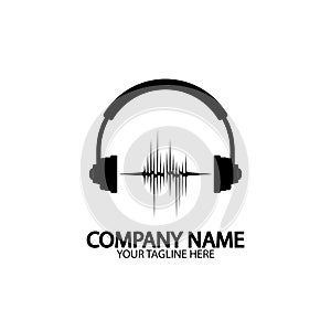 Headphones with microphone and sound waves beats, concept of radio station logo, dj disco symbol, broadcasting studio label,