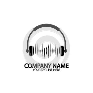 Headphones with microphone and sound waves beats, concept of radio station logo, dj disco symbol, broadcasting studio label,