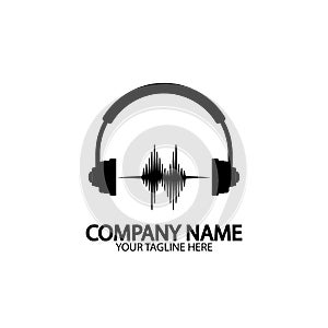 Headphones with microphone and sound waves beats, concept of radio station logo, dj disco symbol, broadcasting studio label,