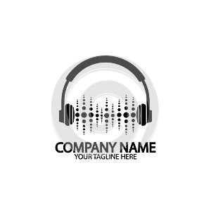 Headphones with microphone and sound waves beats, concept of radio station logo, dj disco symbol, broadcasting studio label,