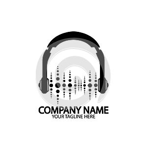 Headphones with microphone and sound waves beats, concept of radio station logo, dj disco symbol, broadcasting studio label,