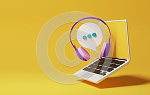 Headphones with microphone with speech bubble question mark chat icon via laptop on yellow background