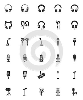 Headphones and microphone vector icons set