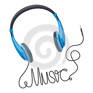 Headphones music concept. Wired earbud music stereo sound, music lettering word made from headphone wire. Audio music