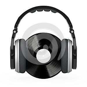 Headphones Over Black Vinyl Record with White Blank Label. 3d Rendering
