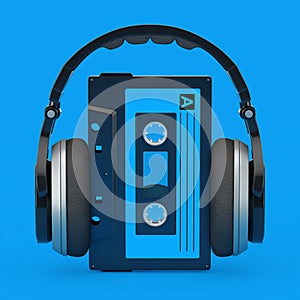 Headphones Over Old Vintage Audio Cassette Tape. 3d Rendering