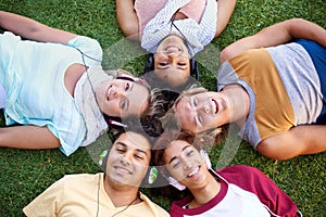 Headphones, portrait or friends in park at college, campus or together with community, smile or group. University, above