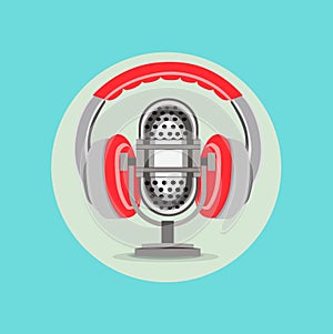 Headphones and radio microphone flat design vector