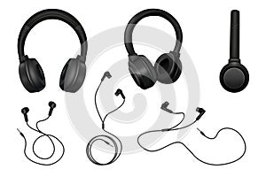 Headphones realistic, earphones different angles view. Black mobile headset, music or ear speakers, sound earbud