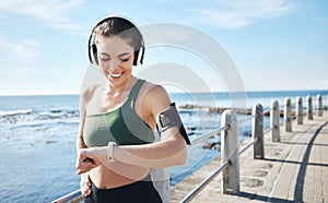 Headphones, smartwatch and woman running for workout, exercise and health results, progress or fitness steps. Goals