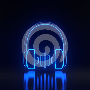 Headphones and sound wave with bright glowing futuristic blue neon lights on black background