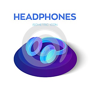 Headphones. Stereo wireless headset Isometric 3d icon. E-book and E-learning gadget. Earphones to listen musical tunes and or