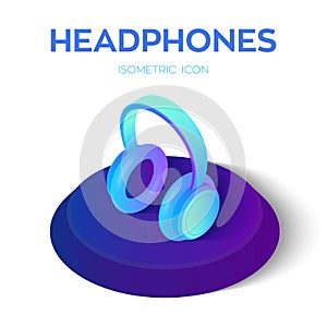 Headphones. Stereo wireless headset Isometric 3d icon. E-book and E-learning gadget. Earphones to listen musical tunes and or