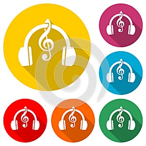 Headphones with treble clef icon, color icon with long shadow