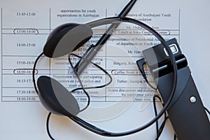Headphones used for simultaneous translation equipment simultaneous interpretation equipment . A set of headphones for